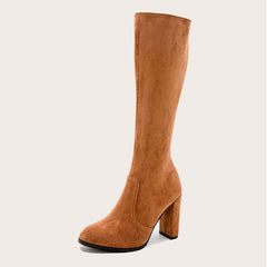 Classic Pointed Toe Chunky High Heel Suede Knee High Boots - Brown