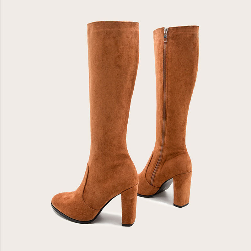 Classic Pointed Toe Chunky High Heel Suede Knee High Boots - Brown