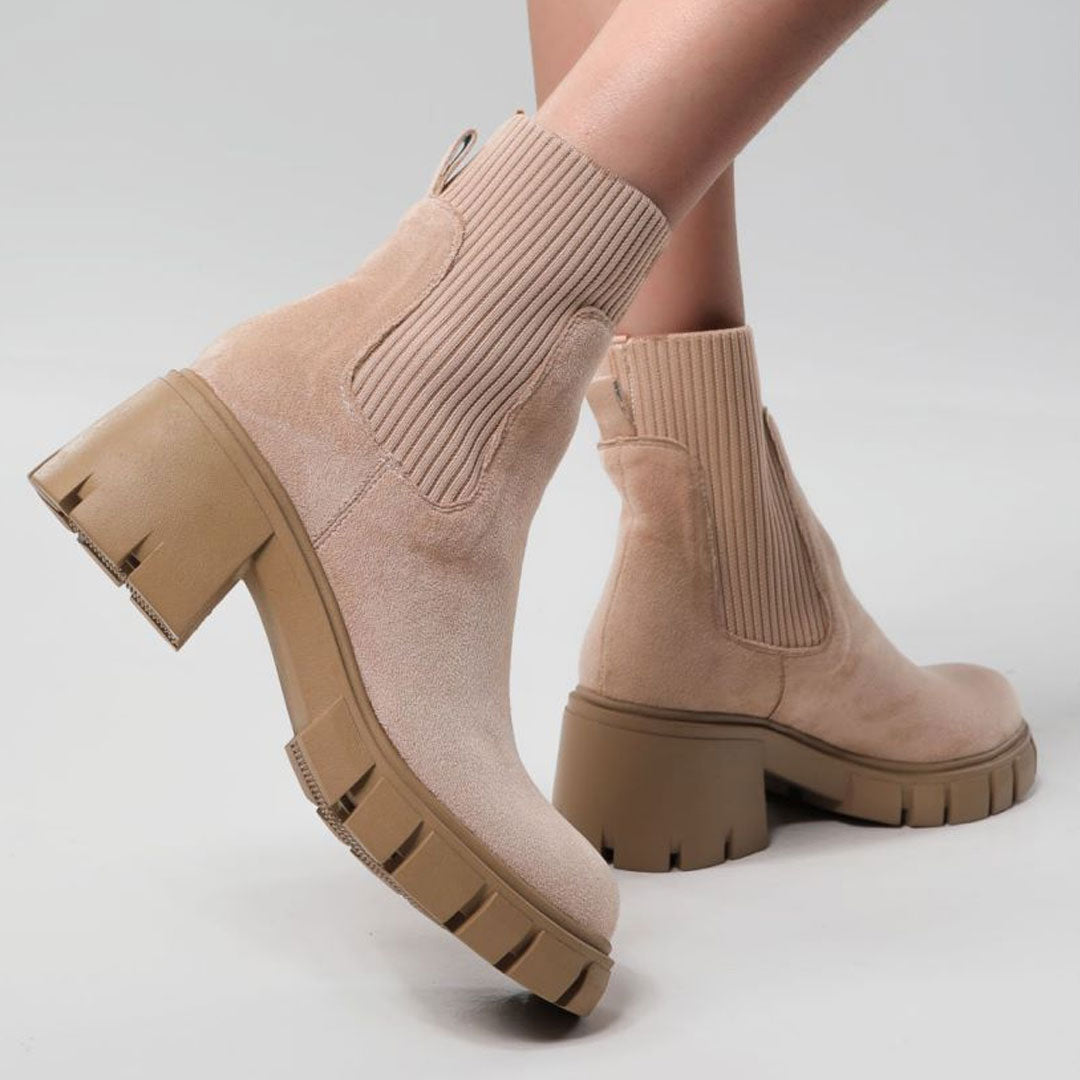 Classic Round Toe Lug Sole Suede Knit Sock Ankle Boots - Apricot