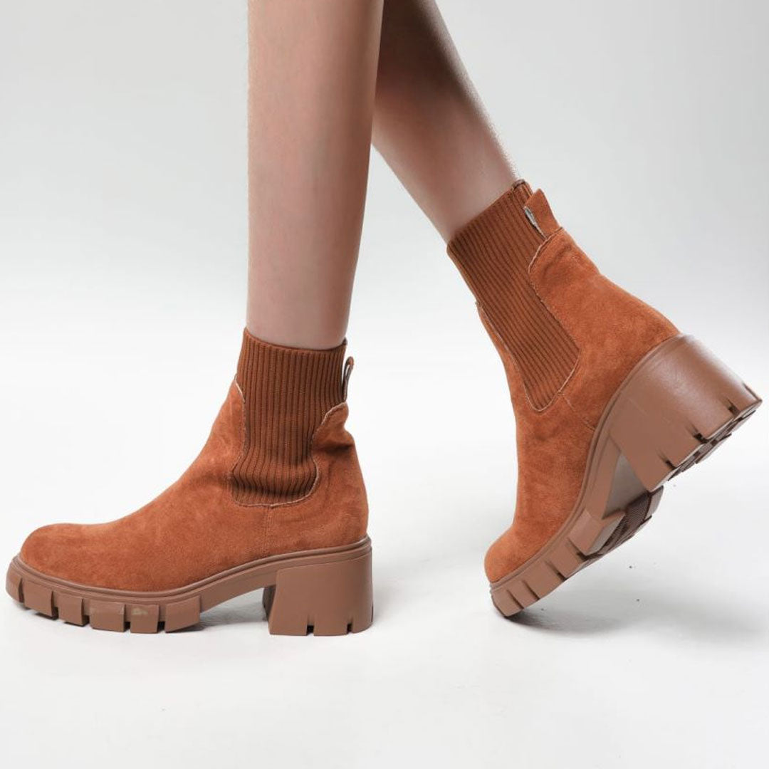 Classic Round Toe Lug Sole Suede Knit Sock Ankle Boots - Brown