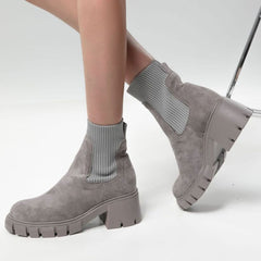 Classic Round Toe Lug Sole Suede Knit Sock Ankle Boots - Gray