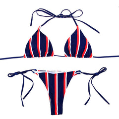 Classic Striped Tie String Sliding Triangle Bikini Set - Dark Blue