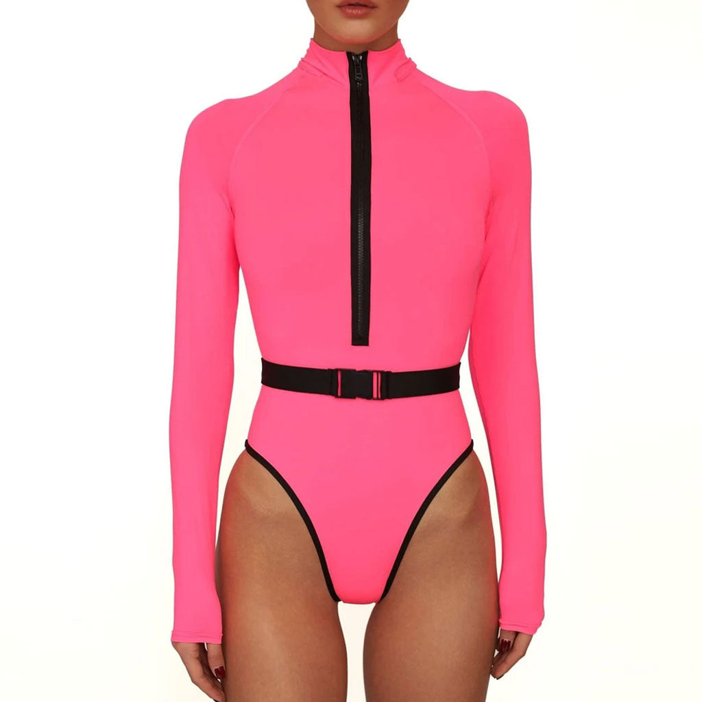 Contrast Long Sleeve Rash Guard One Piece Swimsuit - Neon Pink