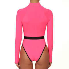 Contrast Long Sleeve Rash Guard One Piece Swimsuit - Neon Pink