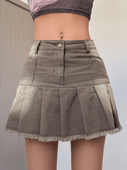 Distressed Pleated Denim Mini Skirt