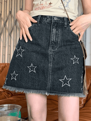 Distressed Star Embroidery Mini Denim Skirt