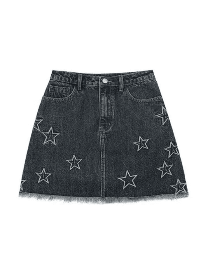 Distressed Star Embroidery Mini Denim Skirt