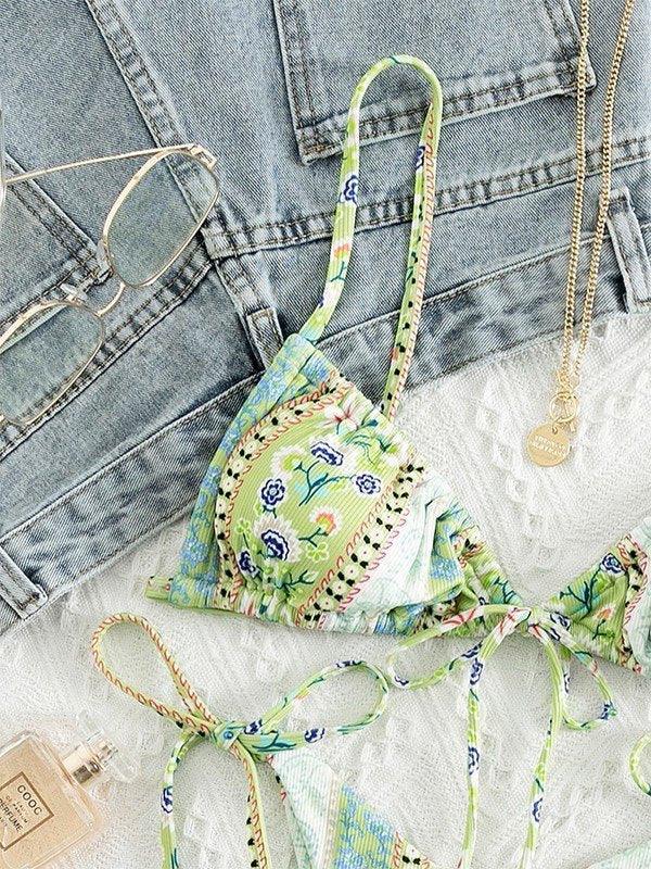 Ethnic Floral Lace Up Bikini Set