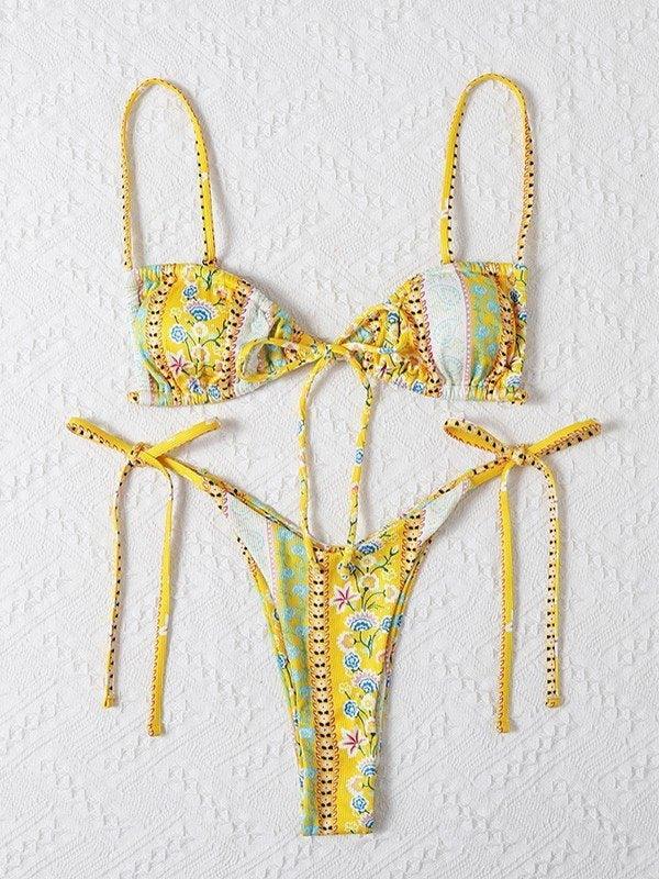 Ethnic Floral Lace Up Bikini Set