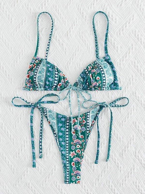 Ethnic Floral Lace Up Bikini Set