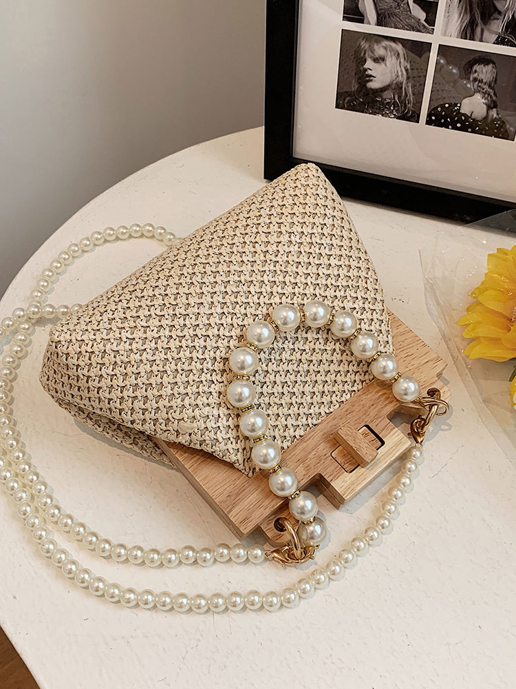 Pearl Decor Twist Lock Straw Bag