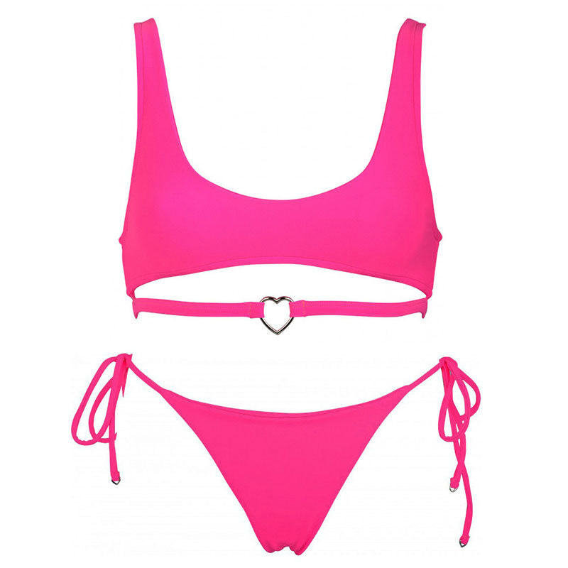 Heart Tie String Bralette Bikini Set - Rose