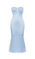 BANDEAU SATIN SLIT MIDI DRESS IN SKY BLUE