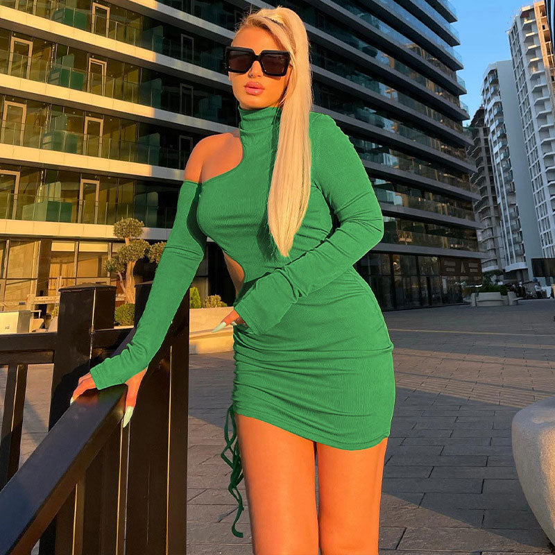 Flirtatious High Neck Cut Out Ruched Long Sleeve Bodycon Mini Dress - Green