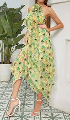 FLORAL PRINT HEM HALTER DRESS IN GREEN