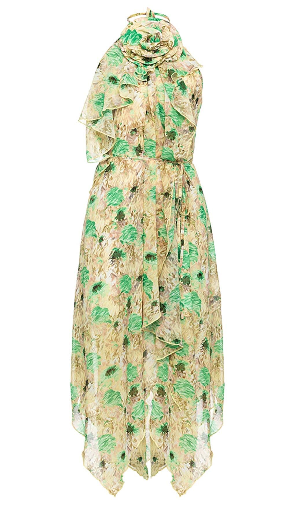 FLORAL PRINT HEM HALTER DRESS IN GREEN