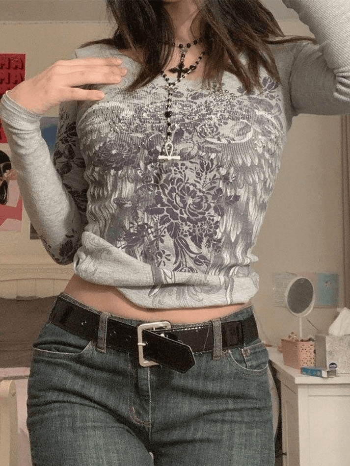 Floral Rhinestone Long Sleeve Crop Top