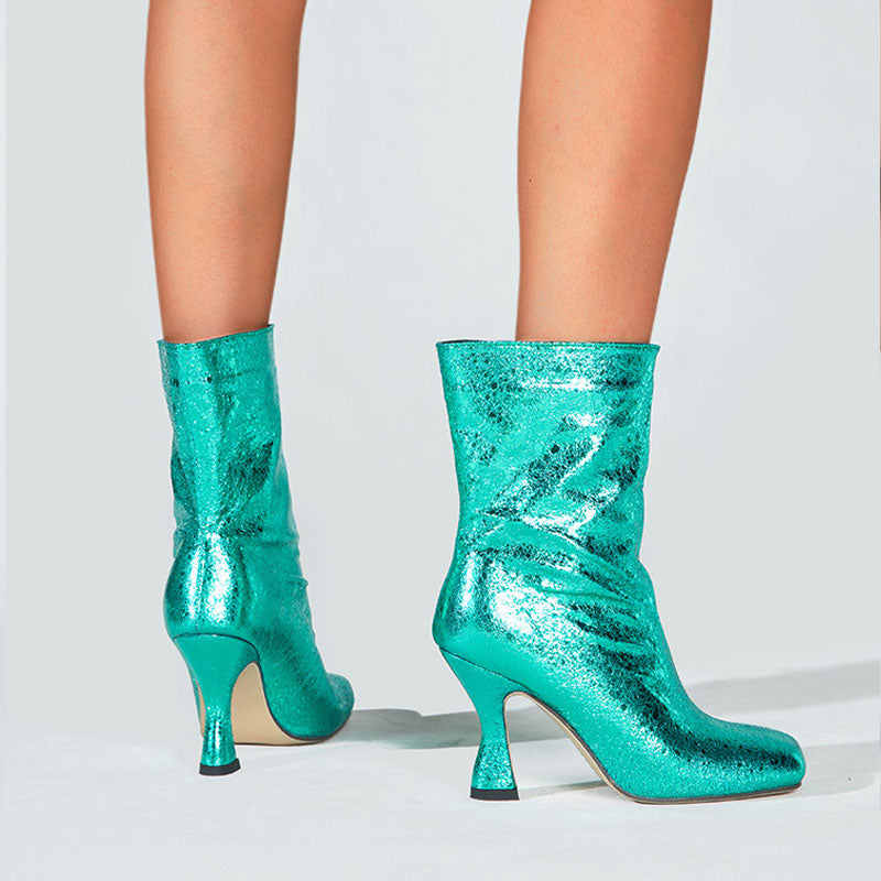 Trim Square Toe High Heel Ankle Boots - Turquoise