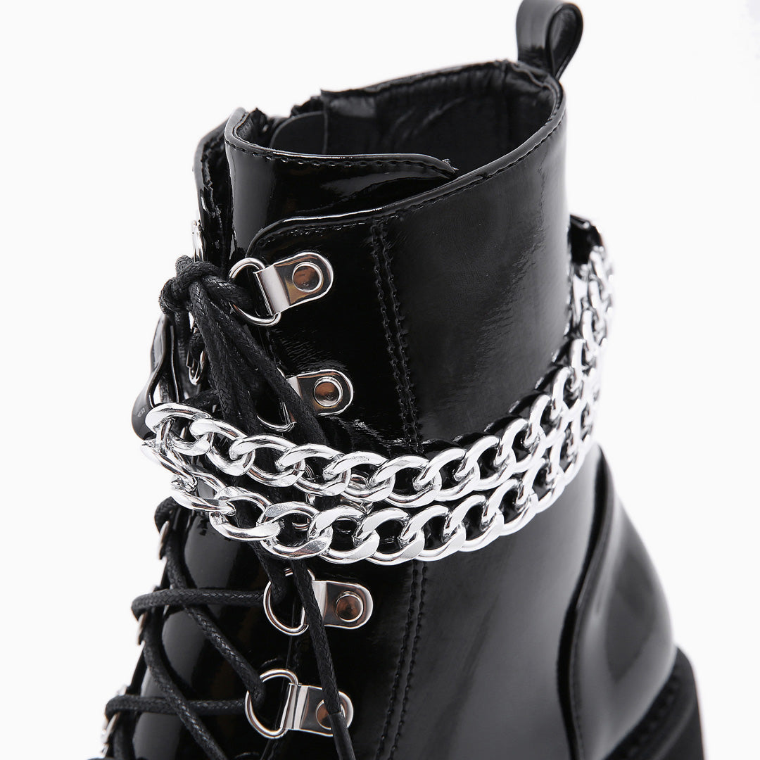 Chain-Link Lace Up Chunky Heel Platform Boots - Black