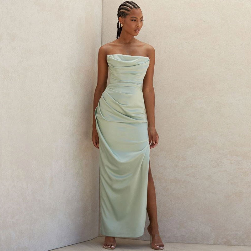 Cowl Neck Strapless Slit Maxi Evening Dress - Green