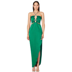 Crisscross Trim Ruched Cut Out Sleeveless Slit Gown Maxi Dress - Green