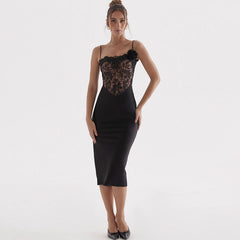 Floral Lace Corset Bodycon Slip Cocktail Midi Dress - Black