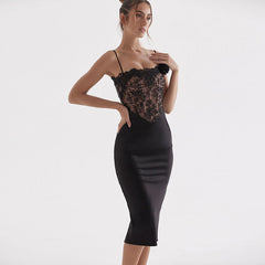 Floral Lace Corset Bodycon Slip Cocktail Midi Dress - Black