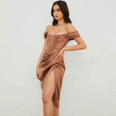 Off Shoulder Draped Corset Cocktail Midi Dress - Chocolate