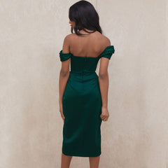 Off Shoulder Draped Corset Cocktail Midi Dress - Emerald Green