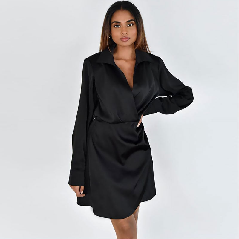 V Neck Long Sleeve Shirt Mini Dress - Black