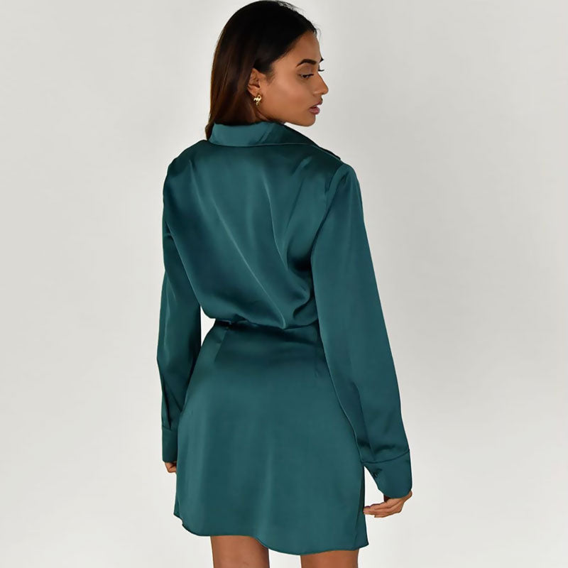 V Neck Long Sleeve Shirt Mini Dress - Teal Green