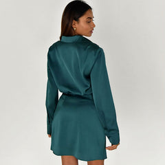 V Neck Long Sleeve Shirt Mini Dress - Teal Green