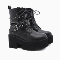 Studs Buckle Strap Chain-Link Platform Boots - Black