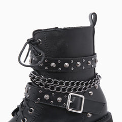 Studs Buckle Strap Chain-Link Platform Boots - Black