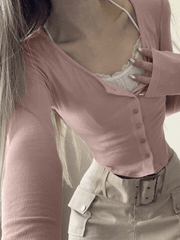 Lace Patchwork Pink Knit Crop Top