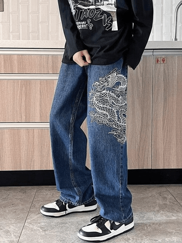 Men's Dragon Embroidered Straight Leg Jeans