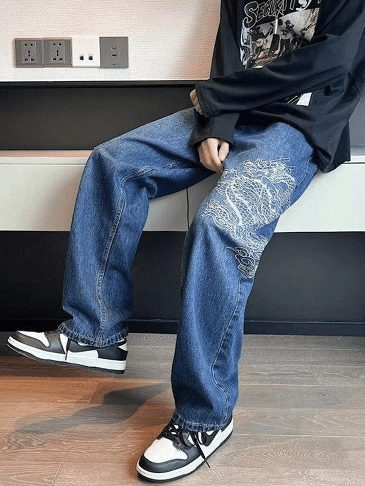 Men's Dragon Embroidered Straight Leg Jeans