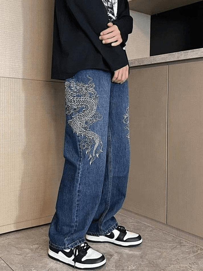 Men's Dragon Embroidered Straight Leg Jeans