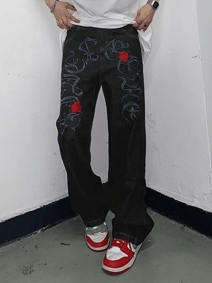 Men's Embroidered Black Straight Leg Jeans