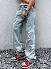 Men's Heart Patch Light Wash Loose Jeans