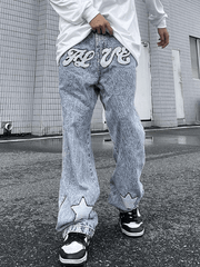 Men's Letter Star Embroidered Acid Wash Loose Jeans