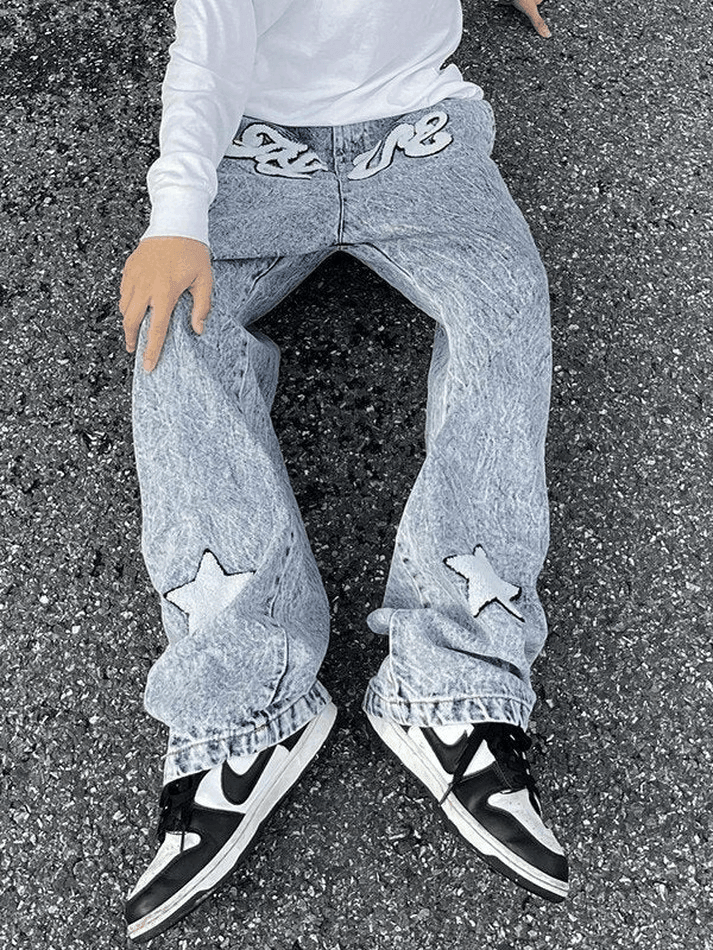 Men's Letter Star Embroidered Acid Wash Loose Jeans