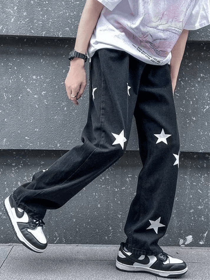 Men's Washed Star Graphic Loose Jeans