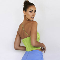 Mesh Fold Cowl Neck One Shoulder Bustier Corset Crop Tank Top - Grass Green