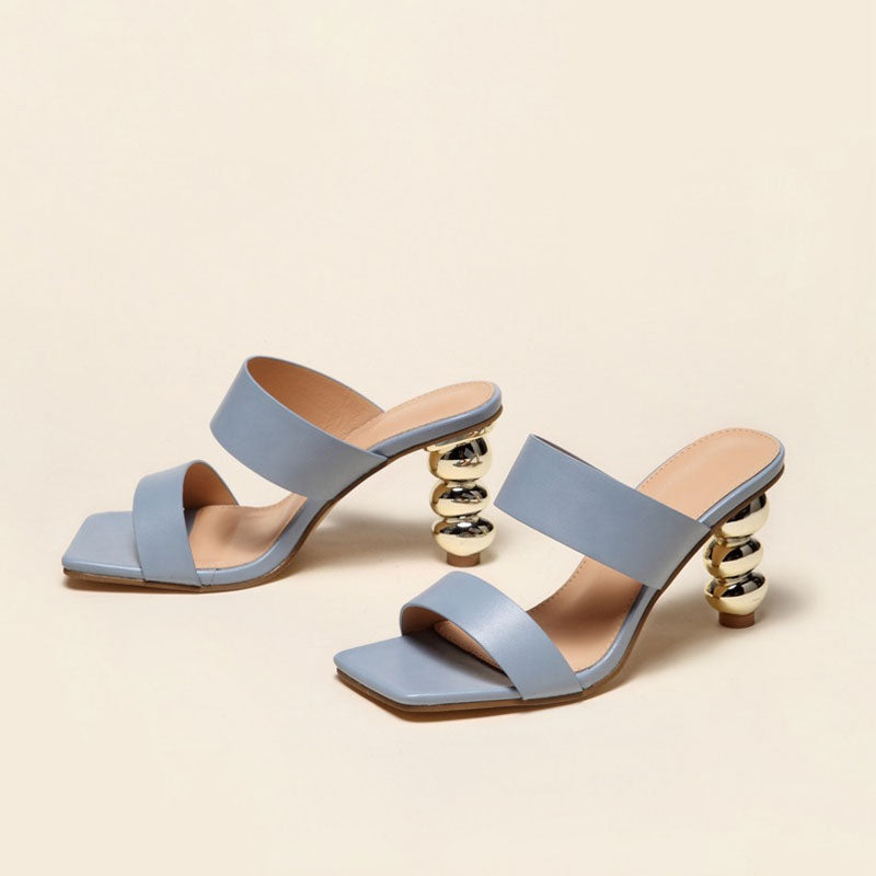 High Heel Square Toe Mule Sandals - Blue Grey