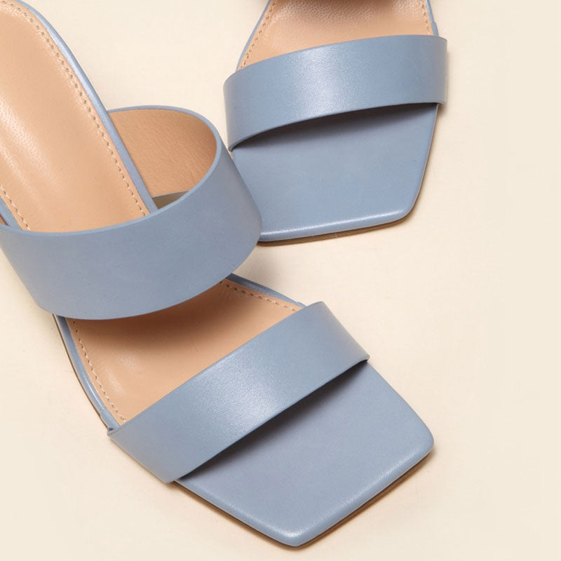 High Heel Square Toe Mule Sandals - Blue Grey