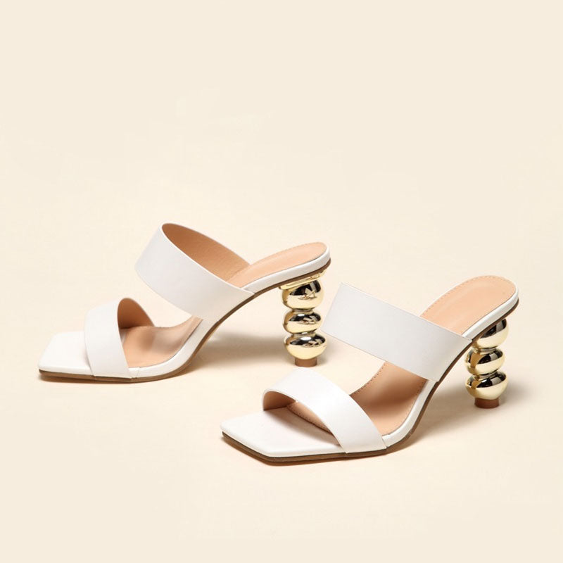 High Heel Square Toe Mule Sandals - White