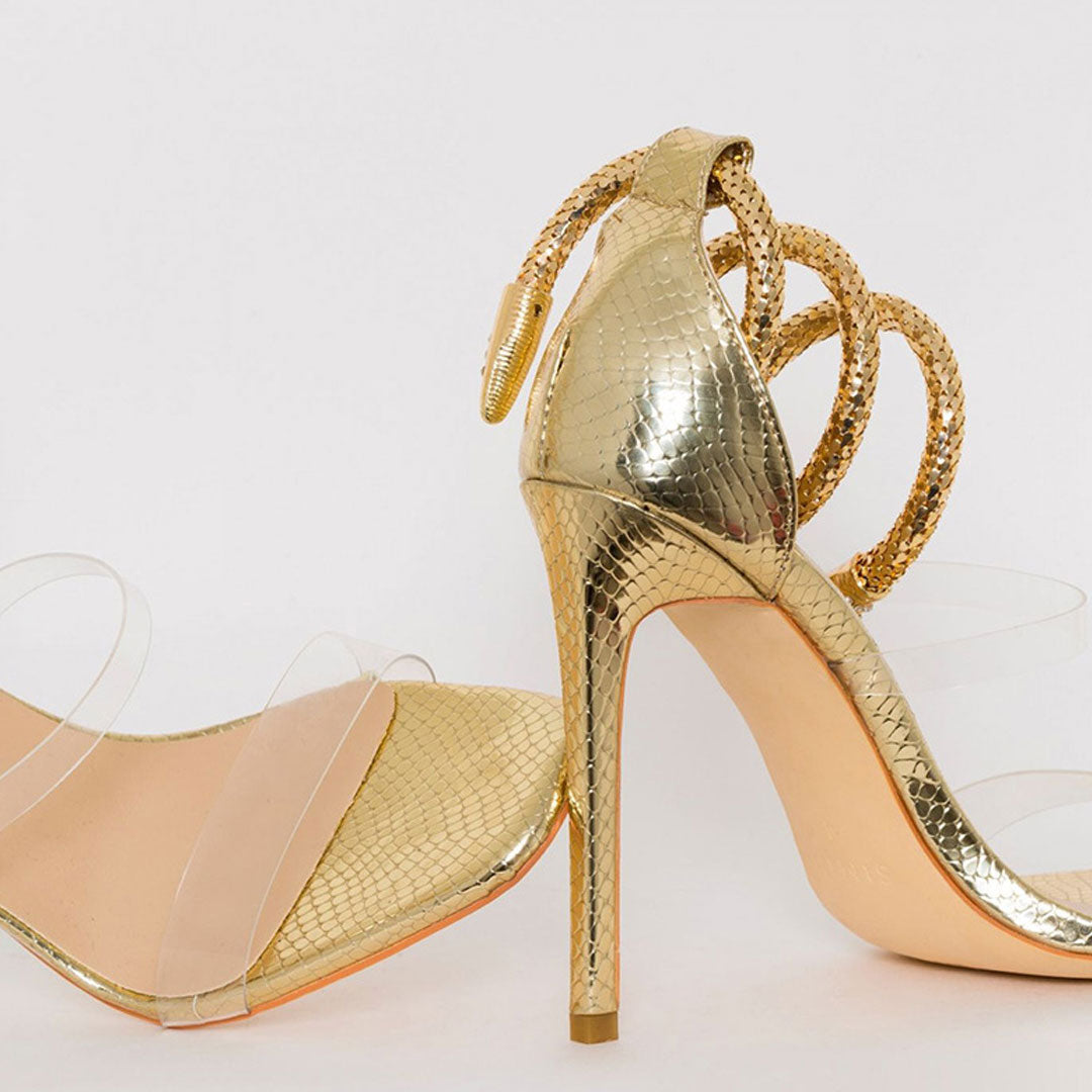 Ankle Wrap Open Toe Strap Stiletto Sandals - Gold