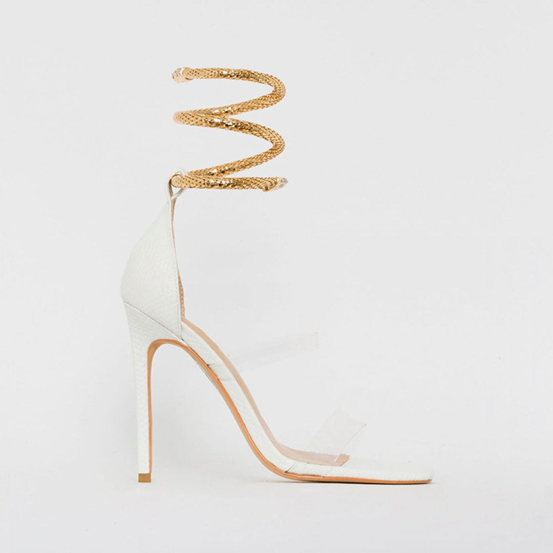 Ankle Wrap Open Toe Strap Stiletto Sandals - White