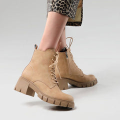 Toe Block Heel Lug Sole Lace Up Combat Boots - Apricot